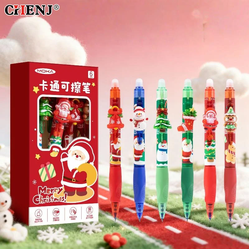 

6Pcs Cartoon Christmas Themed Erasable Gel Pens Kawaii Quick-Drying Writing Smooth Blue Ink Neutral Pens Student Stationery Gift