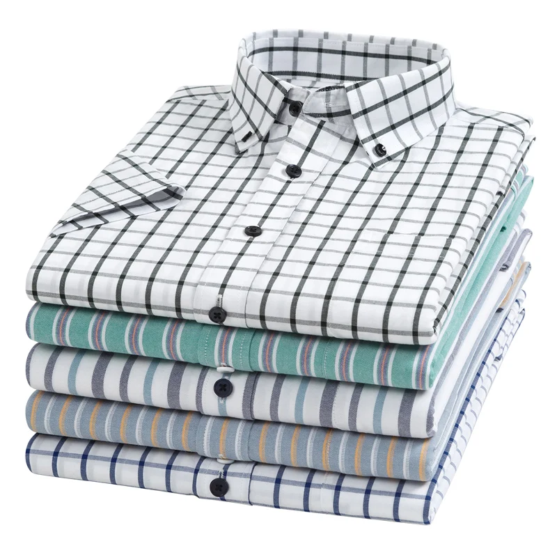 Fashion Korean popular clothes 100%cotton summer short sleeve shirts for men slim fit formal plain shirt designer plaid tops