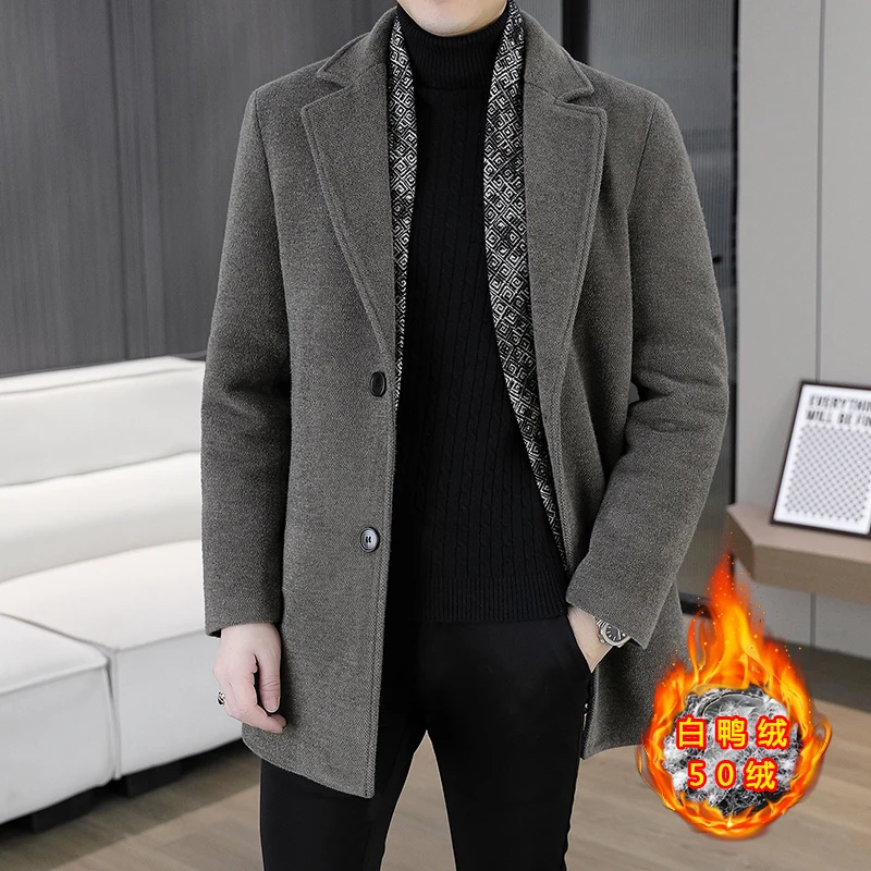 Winter Scarf Decoration Woolen Coat for Men Long Thick Warm Casual Windbreaker Casual Business Streetwear Trench Blends Overcoat
