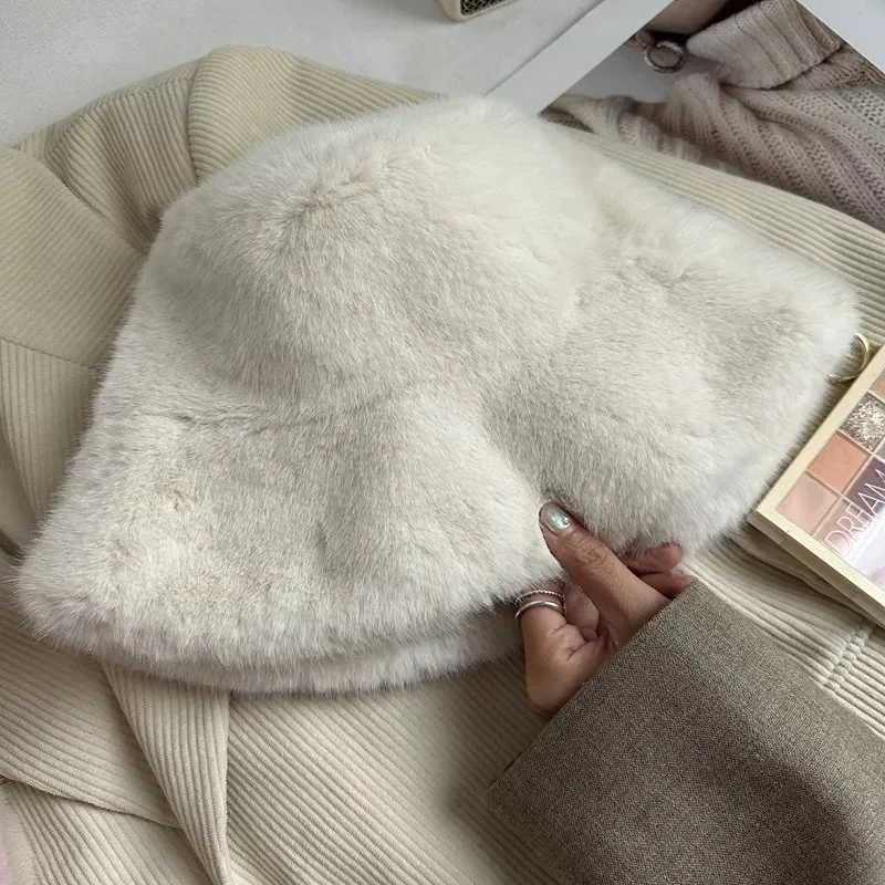 Korean Soft Snowy Day Outdoor Plain Face Covering Bucket Hat Imitation Mink Casual Versatile Warm Faux Fur Basin Hat