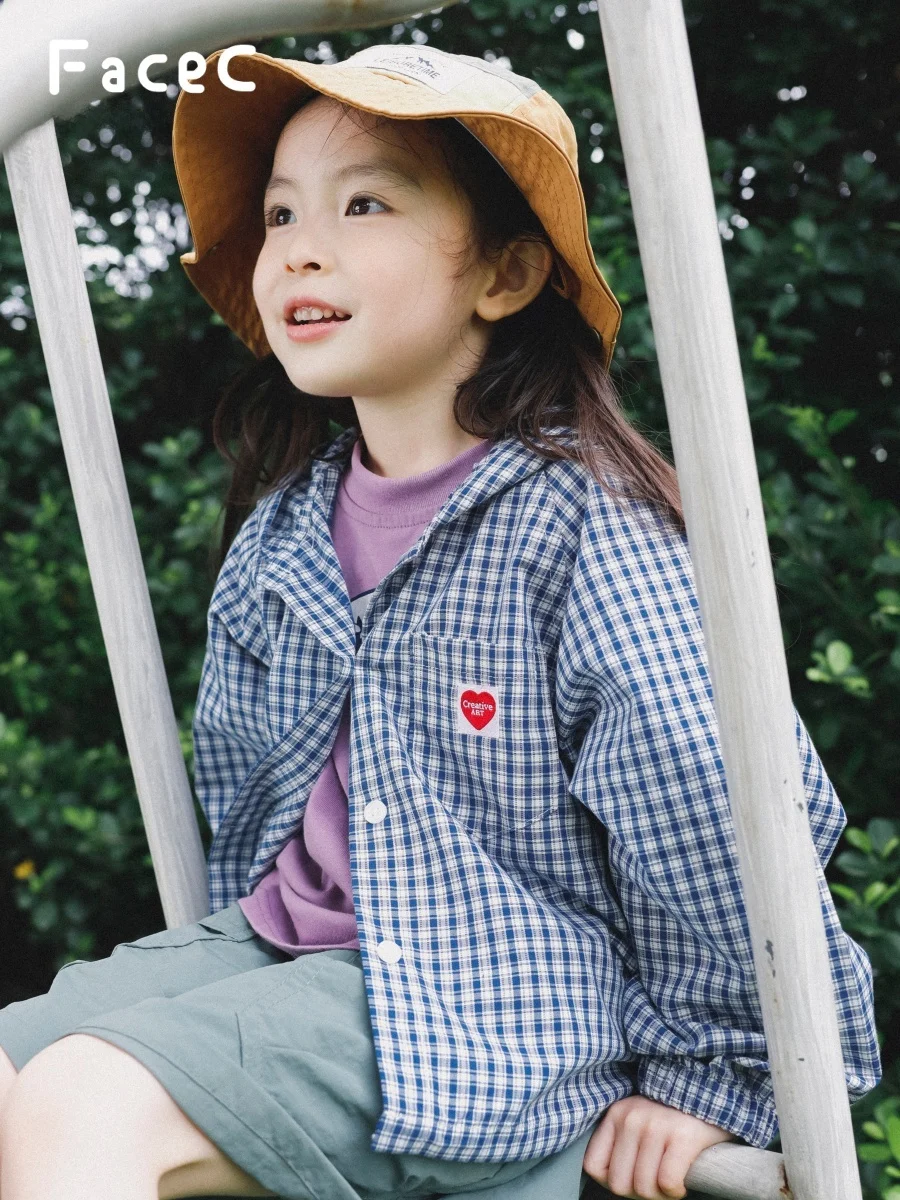 Sun Protection Outdoor Lightweight Plaid Hooded Jacket for Girls Summer Breathable Skin Friendly Cotton Polyester Blend