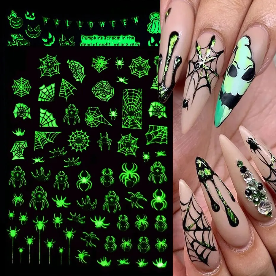 

6pcs Glowing in the Dark Nail Stickers Decals Spider Web Halloween Black White Luminous Nail Art Sliders Tattoo Decor Manicure