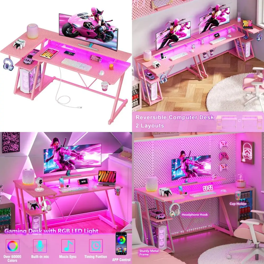 

L-Shaped Pink Gaming Desk with LED Lights and 3-Tier Storage, 55 Inch Corner Computer Desk with Power Outlet