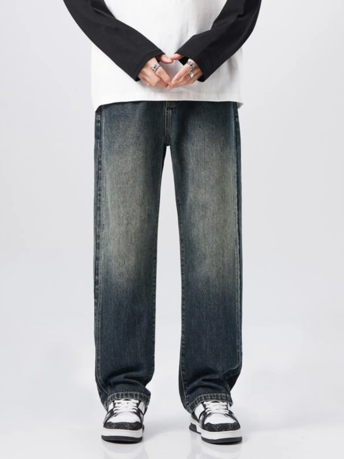 

Retro American Washed Denim Jeans Men Loose Straight Casual Wide Leg Long Pants High Street Trend Youth Wear Autumn Leisure