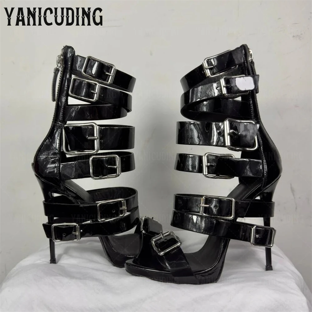 

Multiple Buckle Strappy Sandal Boots Round Open Toe Ankle Strap Stilettos Black Leather Summer Sandals Designer Multicolor Heels