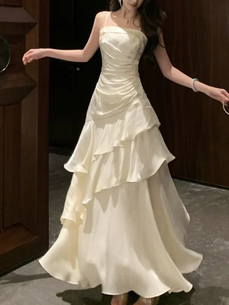 Elegante babados estilingue vestidos de sereia feminino vestido de baile sólido zíper em camadas vestido de ombro 2025 verão chique novos vestidos