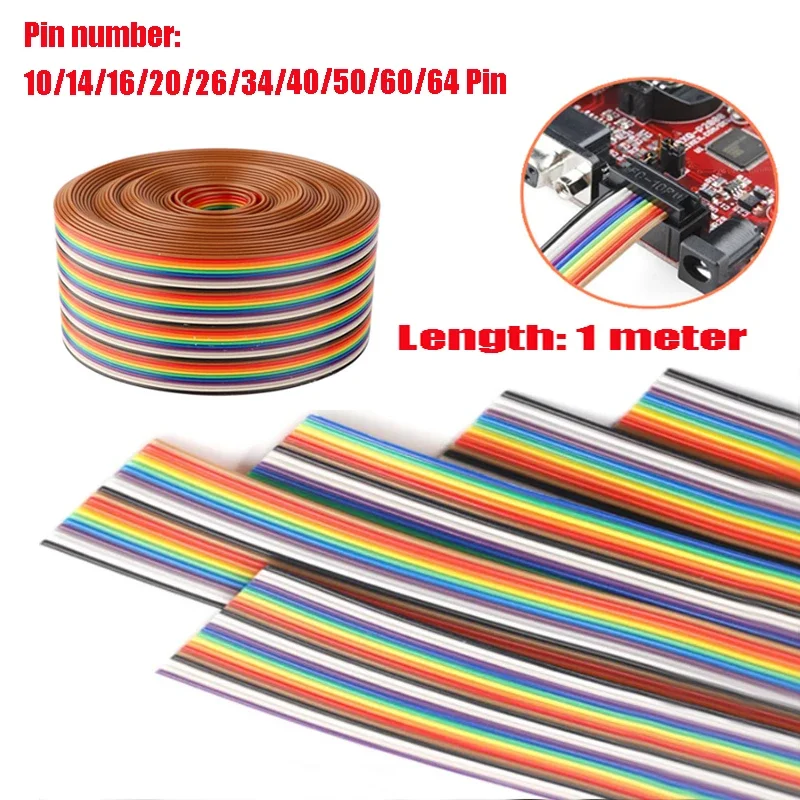 Length 1m Colorful 1.27mm Spacing Pitch Cable 10/14/16/20/26/34/40/50/60/64 Pin Flat Rainbwo Ribbon Cable Wire