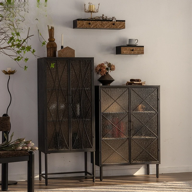 

Water ripple glass combination locker antique black high-end household wall side cabinet hotel decorative tea cabinet