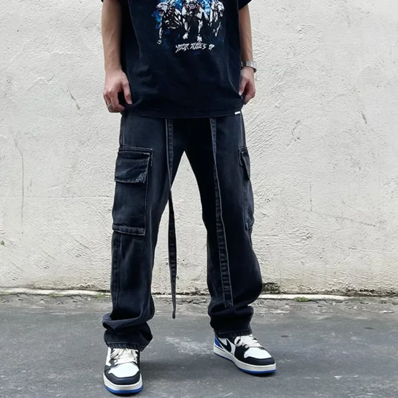 Vintage Jeans for Men Techwear Pockets Belt Fashion Hip Hop  Cargo Jean Wide Leg Trousers Straight All-match Streetwear Chic