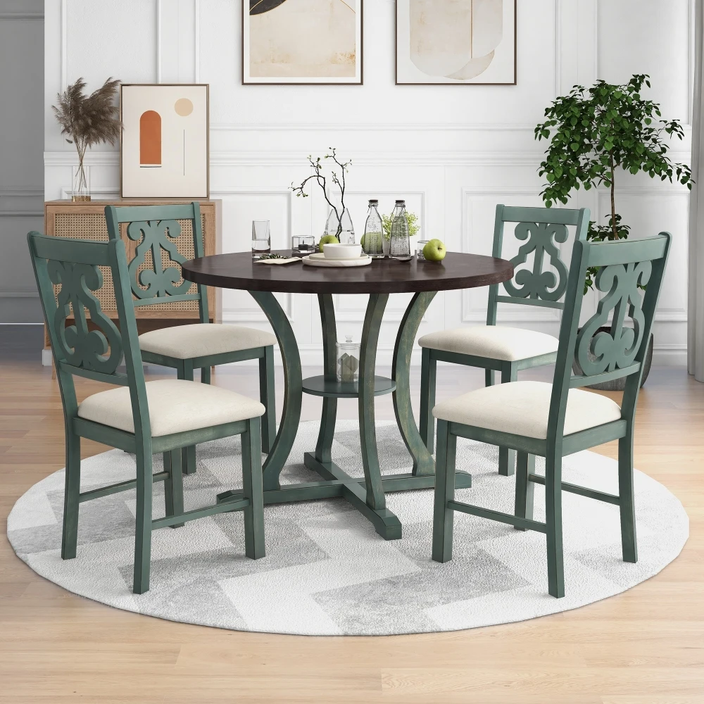 

5-Piece Round Dining Table and 4 Fabric Chairs with Special-shaped Table Legs and Storage Shelf (Antique Blue/ Dark Brown)