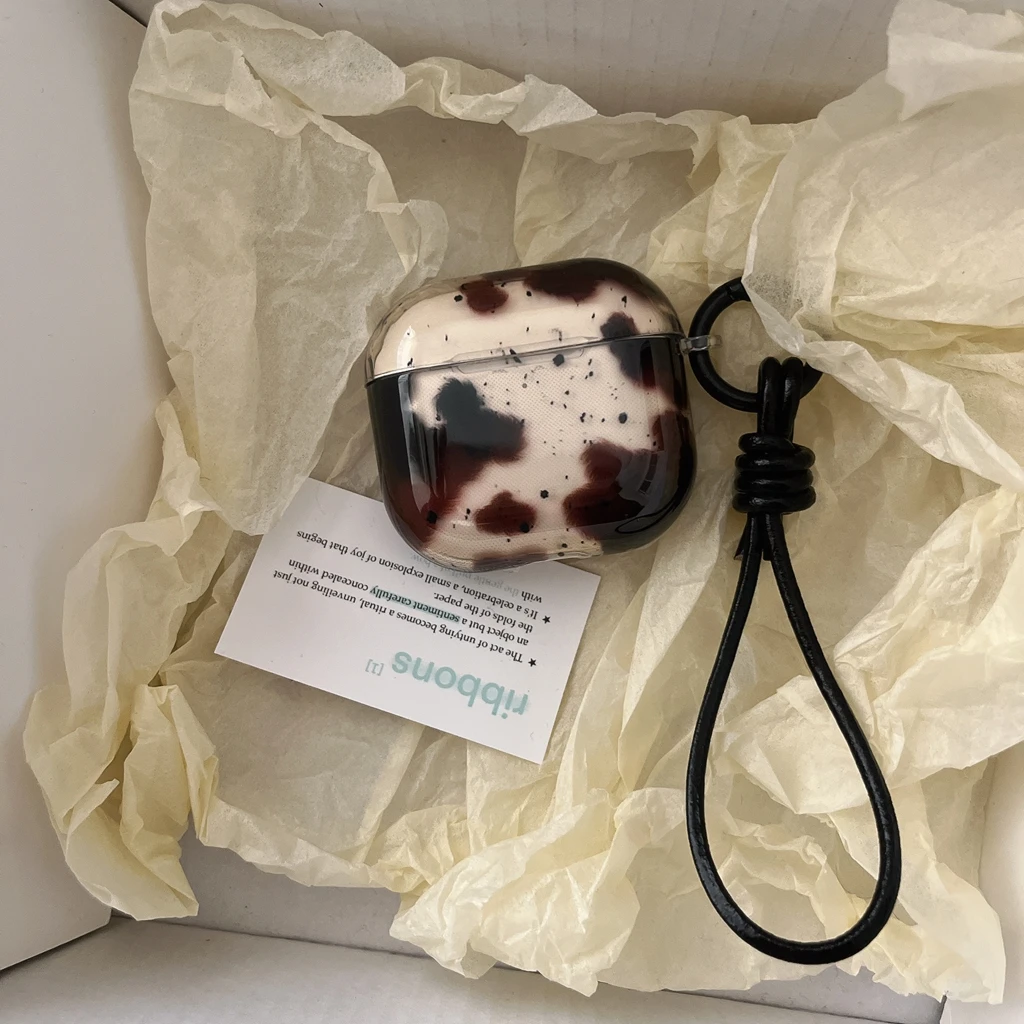 Retro Originality Animal Spotted Color Blocks With Lanyard Earphone Case Cover for AirPods 1 or 2 3 4 Pro 2 Pro 3