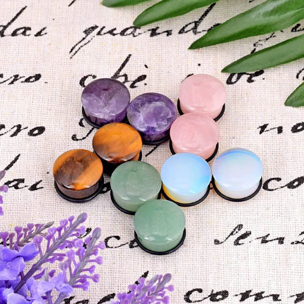 Body Jewelry Single Flare Stone Earring Plugs - Amethyst Black Agate Opalite  Tiger Eye Rose Quartz