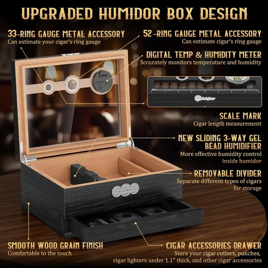 Umidificatore per sigari Contenitore per umidificatore da tavolo con parte superiore in vetro Regali per sigari per uomo Custodia per sigari in legno di cedro con igrometro digitale Umidificatore Measu