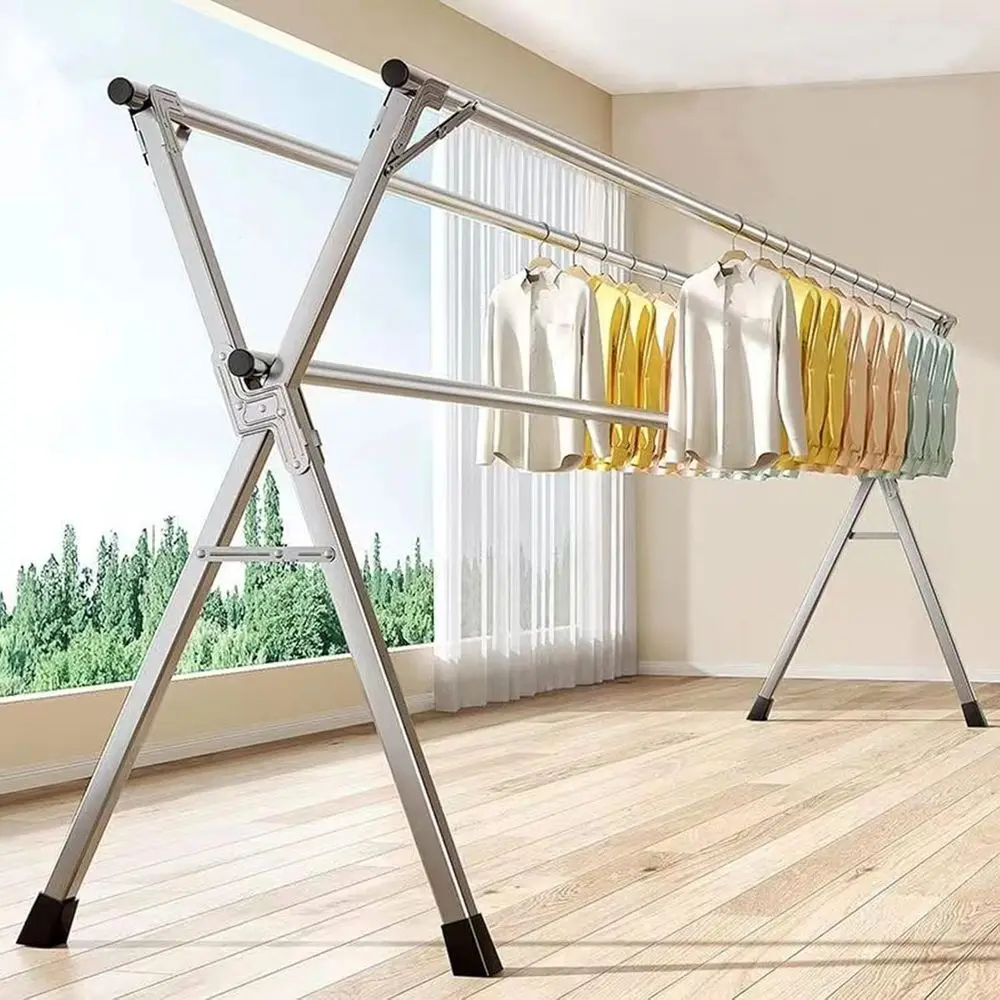 

Space-Efficient Stainless Steel Indoor Clothes Drying Rack with Anti-Slip, Windproof Hooks, and Sock Clips, Extendable to 1.6m