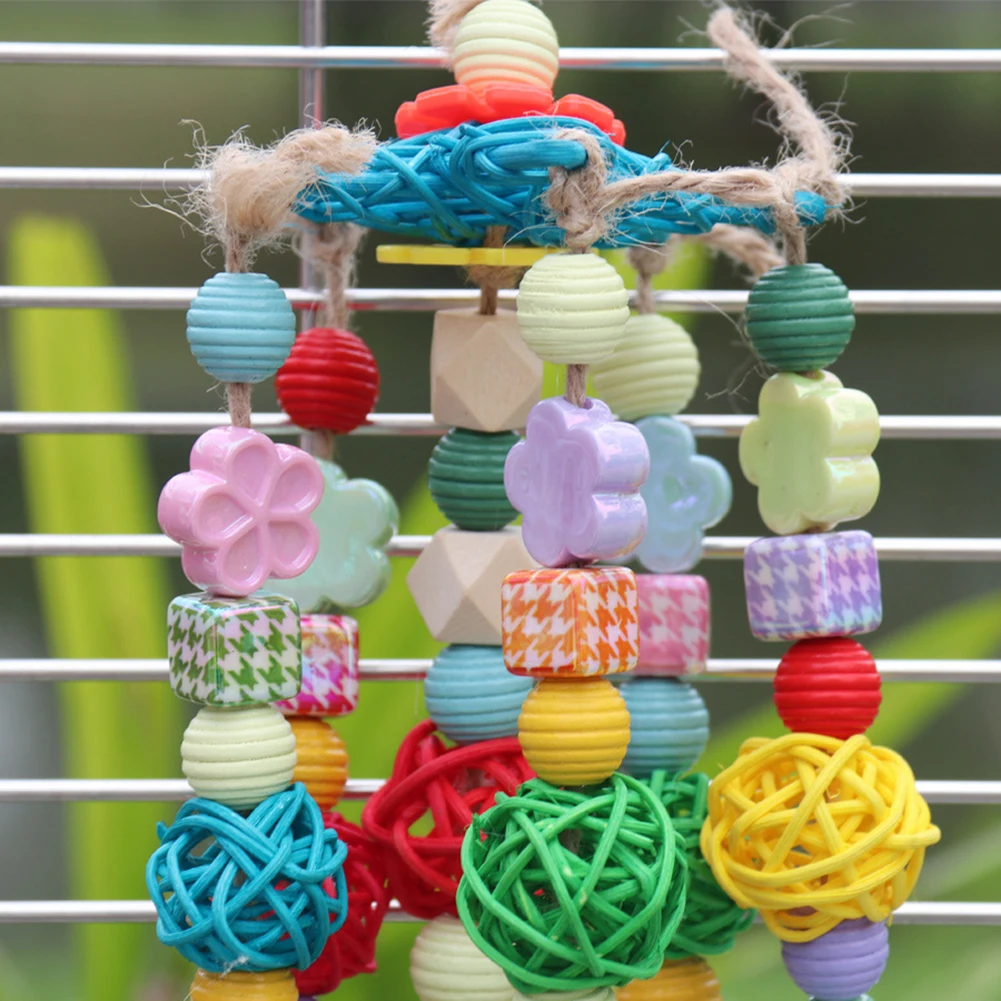 

Parrot Toys, Bird Block Knots Tearing Toy with Hooks and Adjustable Ropes, Colorful Acrylic Beads, Solid Wood Blocks for Macaw