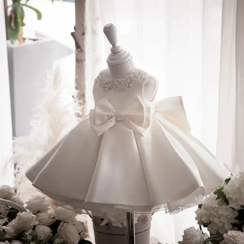 

Elegant Flower Girl Wedding Dress Sleeveless Bow Pearls Toddler Satin Princess Baby Girl Birthday Evening Party Dress