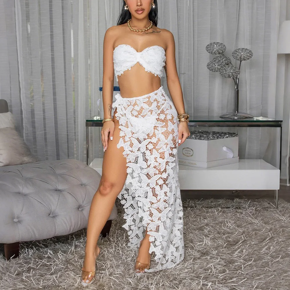 

Sexy 2 Pieces Skirts Sets for Women 2025 New Crop Tops & Skirts Side Split Floor Length Elegant Ladies Evening Night Club Outfit