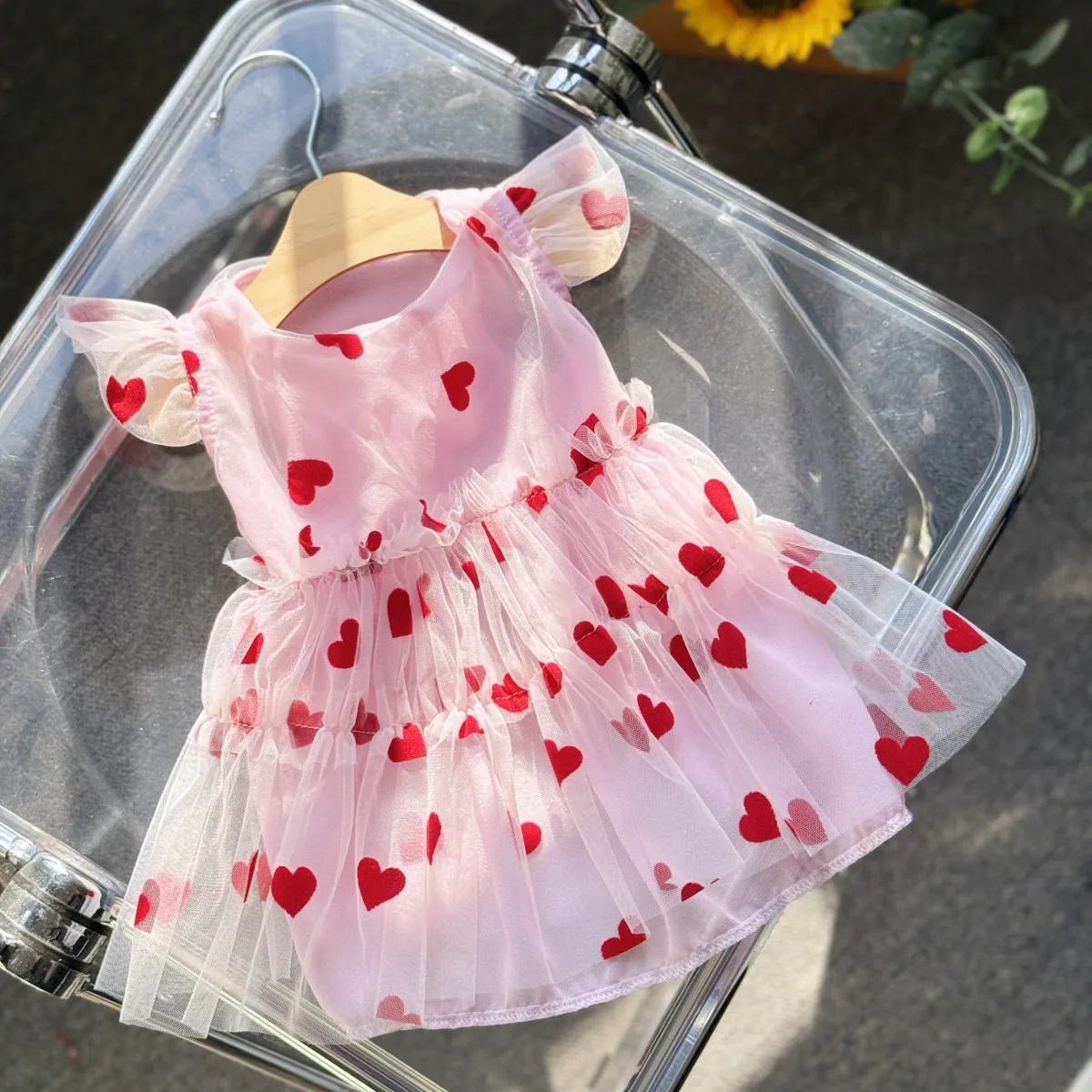 Flocking Heart Dog Dress,mesh Hooded Pet Skirt,spring Autumn Puppy Clothes,outdoor Walking Pet Outfit,universal Dog Cat Apparel