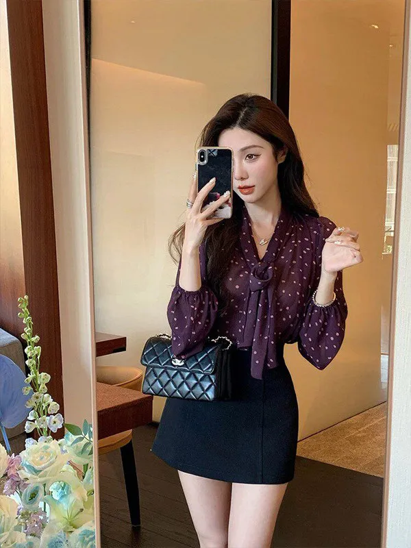 

Retro Polka Dot Sash Chiffon Long Sleeve Women's Shirt Spring New Design Sensation Elegant Top Blouse French Style Loose Fit