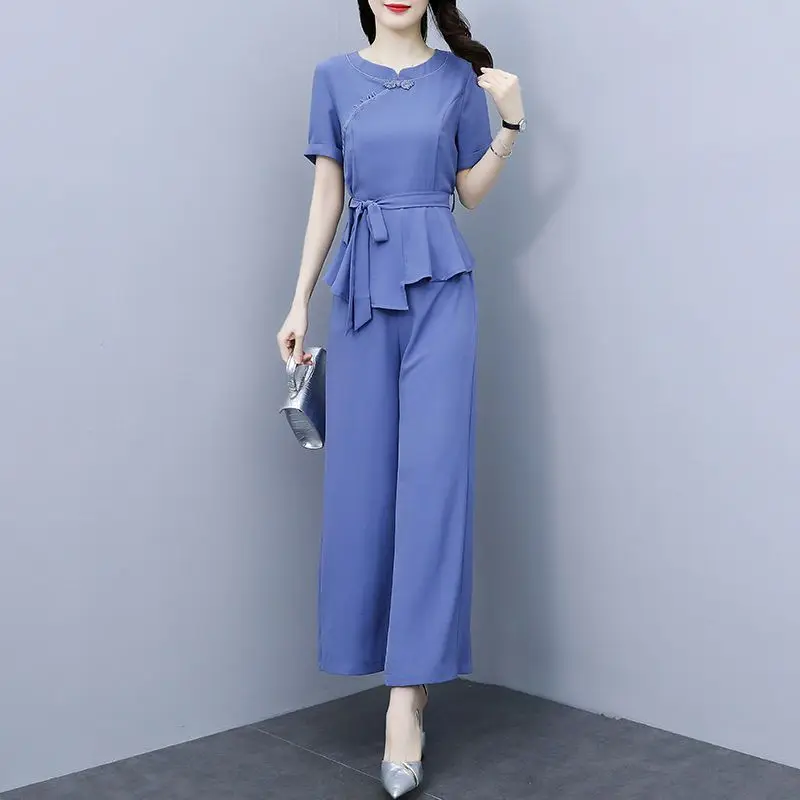 Pantaloni a gamba larga per donna estate 2023 New Fashion Office Lady Solid o-collo Top irregolare Pantstuits 2 pezzi abiti femminili