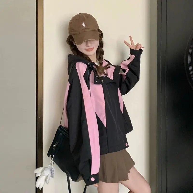 

Color Blocked Patchwork Workwear Short Hooded Jacket For Women's Spring And Autumn 2025 New Loose Casual Loose Jacket Top