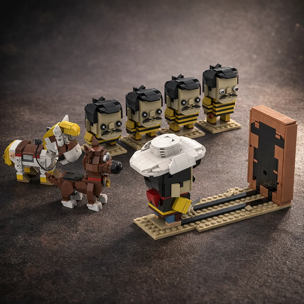 

DIY Western Cowboy Blockhead Building Bricks Set, Outlaw Prisoner Figures x4, Horses, Desert Scene Base, Collectible Model