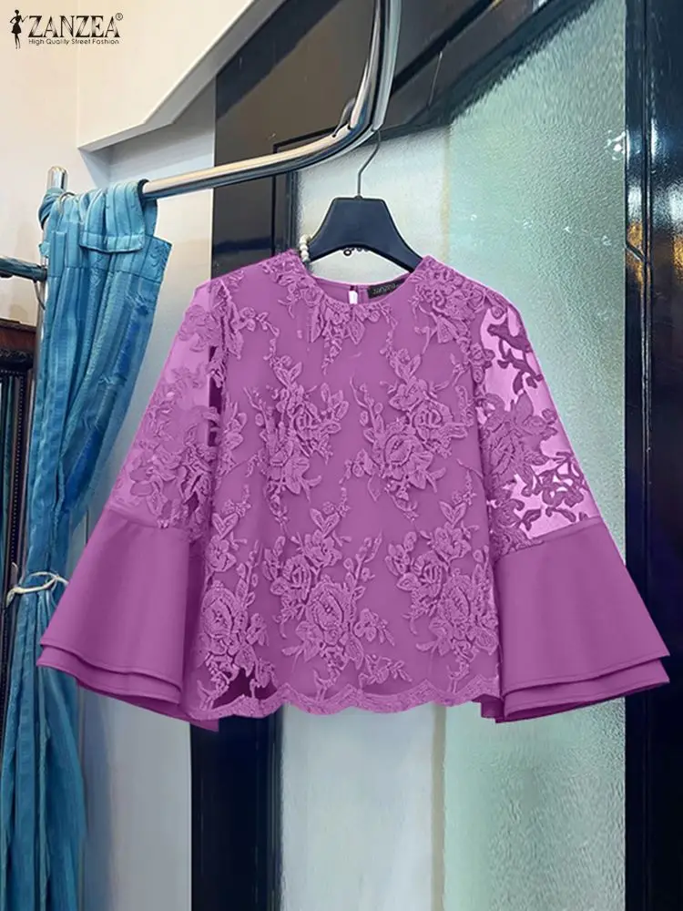 

ZANZEA винтажная ажурная блузка, модные кружевные топы, женские повседневные свободные туники, осень 2021, однотонные блузки с пышными рукавами 3/4, блузки