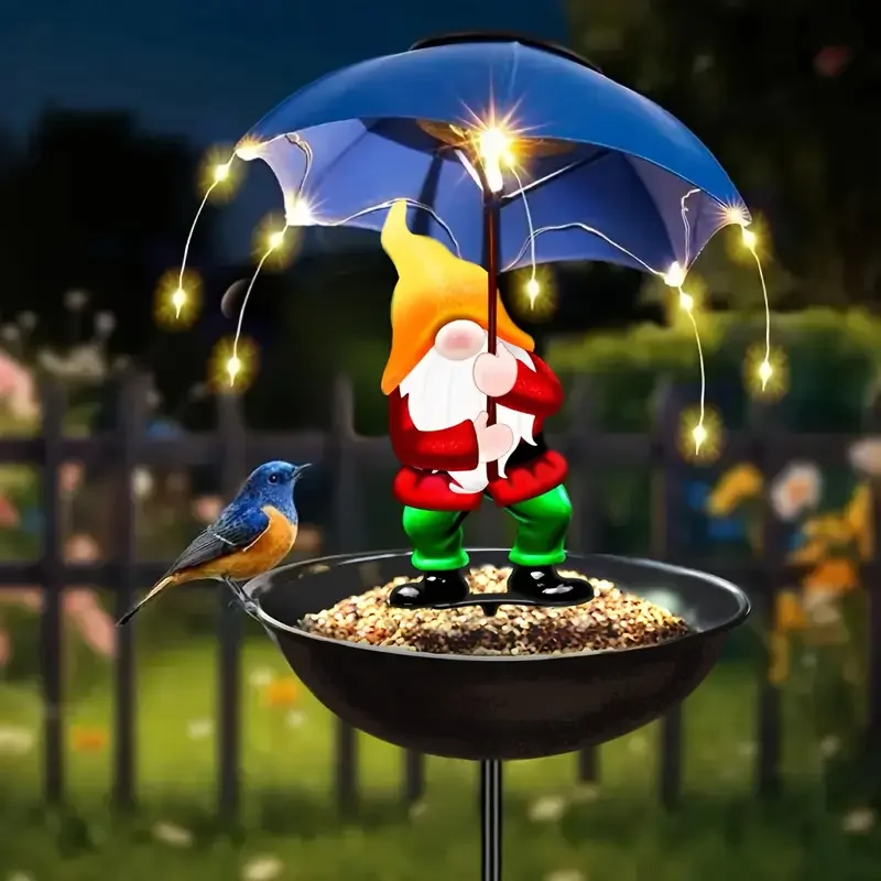 1/2 قطعة تمثال قزم الشمسية التلقائي الطيور المغذية مع الدافئة الأبيض الشمسية سلسلة ضوء في الهواء الطلق حديقة ديكور الطيور المغذية لحديقة الفناء #6
