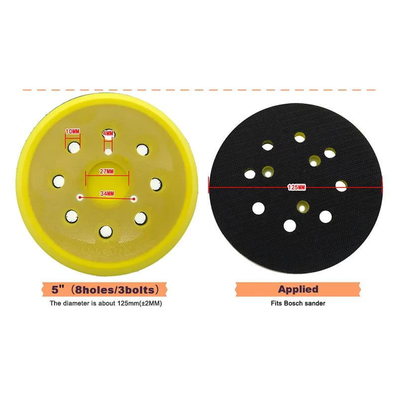 5 Polegada 125mm 8 furos gancho e laço lixa almofadas superiores e abrasivos placa de apoio ferramentas elétricas para lixadeira orbital aleatória