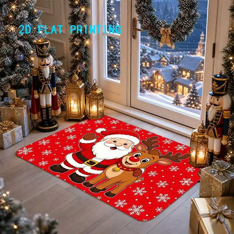 1pc, 2D flat-printed doormat featuring a Santa Claus and a red-nosed reindeer; colorful, non-slip, and machine-washable; suitabl