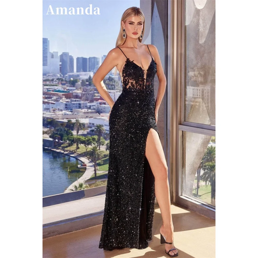 Amanda Spaghetti Strap Mermaid Vestido De Novia Sexy Side Split Prom Dress 2024 Glitter Sequins Lace Sequins Graduation Ball