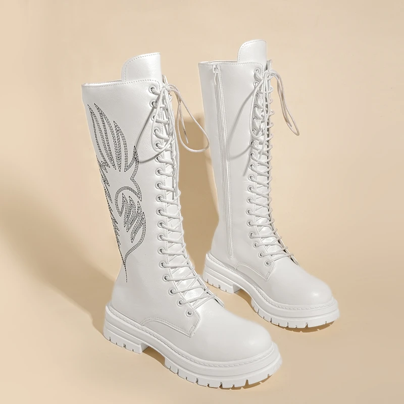 

Embroidered Block Heel Mid-leg Boots Fashion Round Toe Lace-up Platform Non-slip Wear-resistant Zipper Shoes