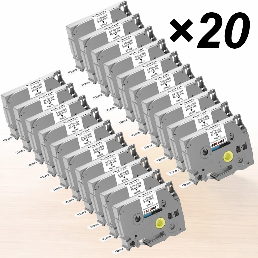 20 Pack TZe231 TZ231 T231 Label Tape 12mm X 8m Compatible with Brother P-Touch Label Makers, Black on White Laminated Replacement Label Maker Tape, Waterproof Strong Adhesive Easy Peel Tape for PT-D210 PT-D220 PT-H110 Office Home File School Storage Boxes