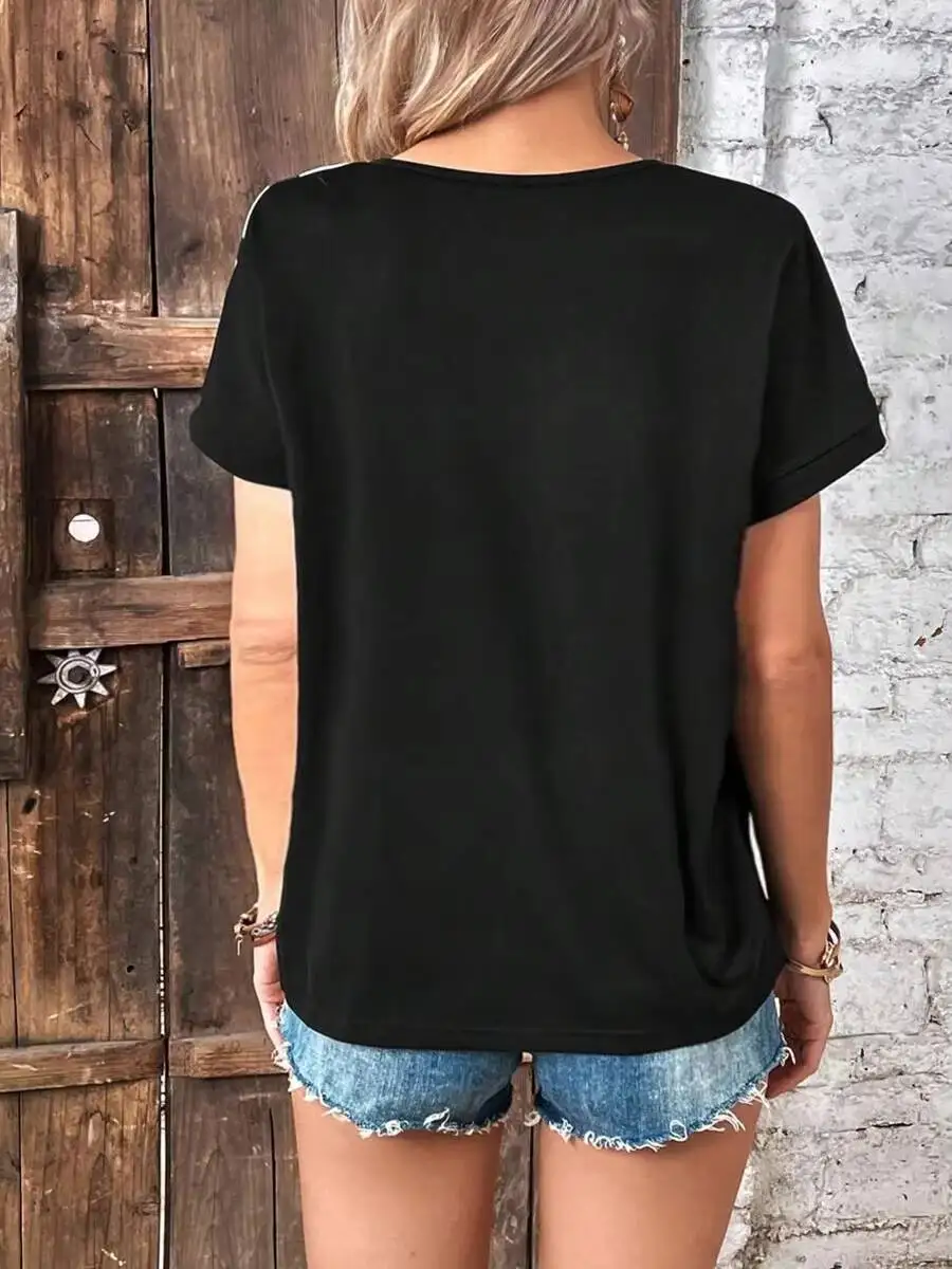 Women's T-Shirt Spring Summer Black White Asymmetric Stripe V Neck Button Detail Short Sleeve Casual Daily Top