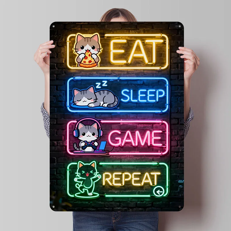 Cute Cats Eat Sleep Game Repeat Neon Poster Customized Vintage Metal Signs Wall Art Retro Tin Plaque for Bar Accessories House