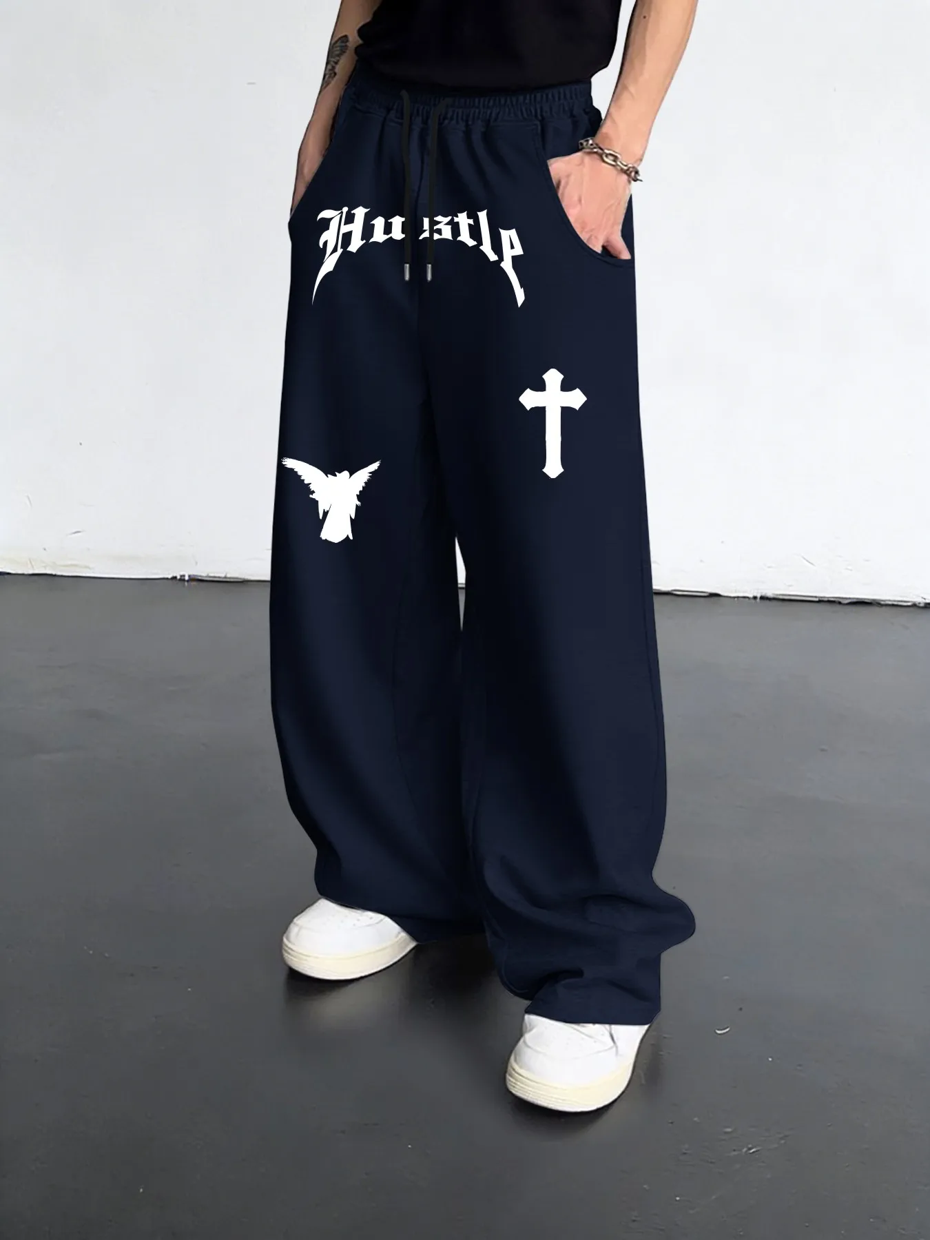 European Trend Hip Hop Graphic Print Men Straight Pants Cross Angel Letter Drawstring Wide Leg Joggers Loose Comfort Daily S-3XL