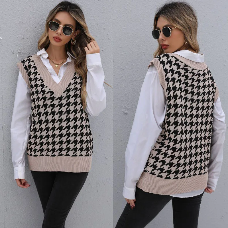 Autumn Winter  Women's Loose Knitted V-Ne Vest Cross-Border Cheered Pattern Layering Faionable Casualwear