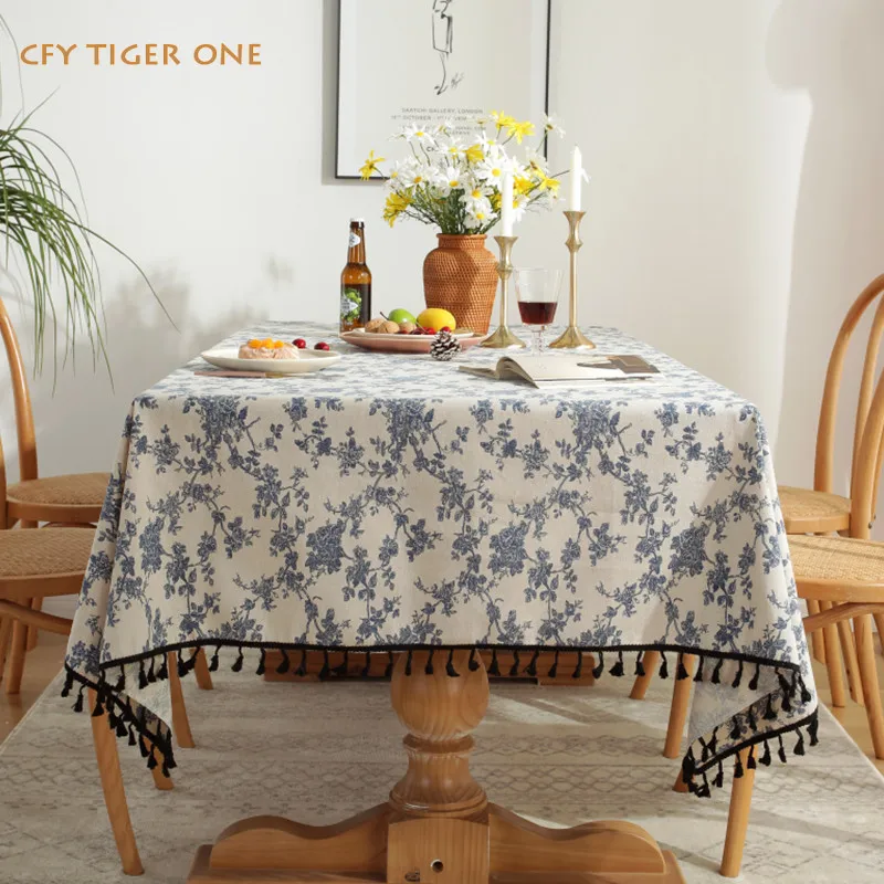 American Cotton Linen Blue Floral Picnic Cloth Rectangular Tablecloth Washable and Oil Resistant Coffee Table Mat Table Cover