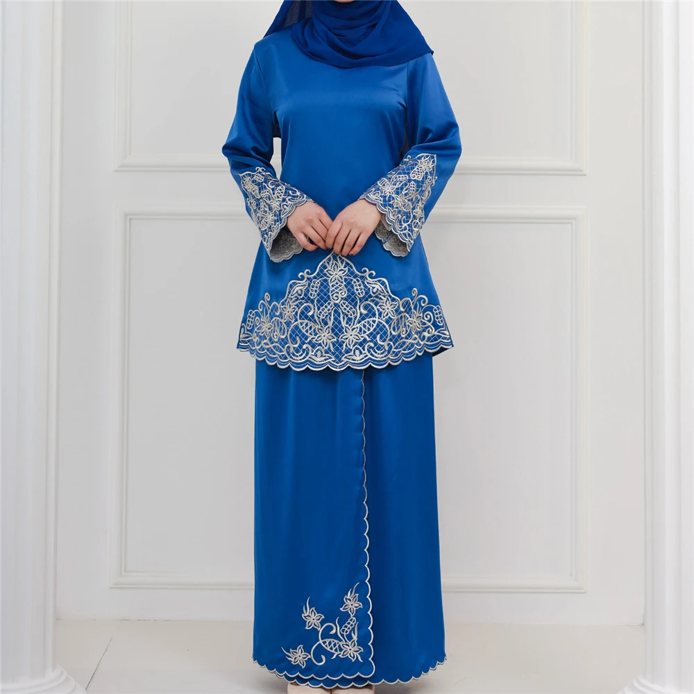 

Women Spring Embroidery Muslim Sets Long Sleeve Turkish Tops Skirts Abaya Solid Islamic Clothing 2PCS Baju Kurung Malaysia Set