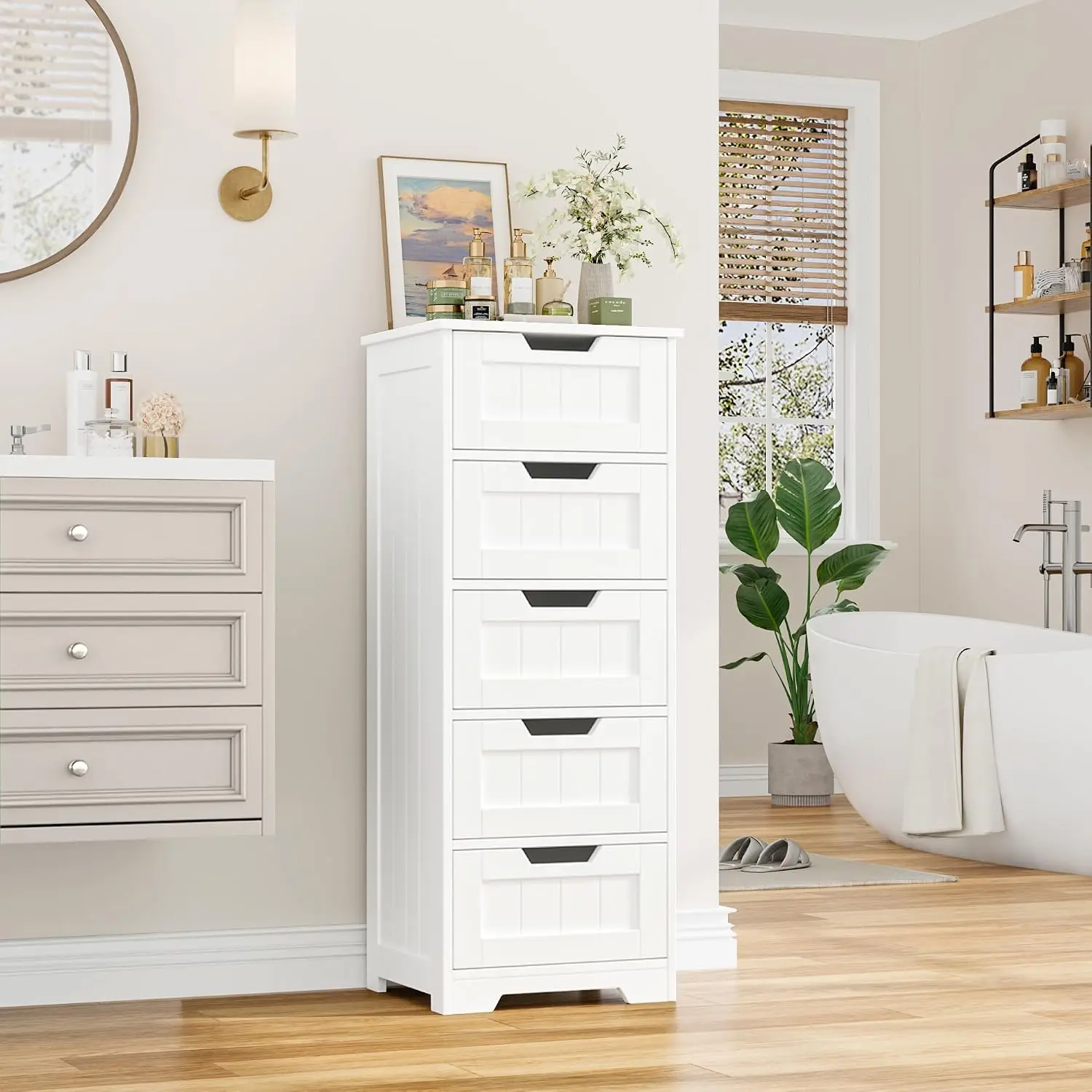 Freestanding Bathroom Storage Cabinet, Wooden Floor Organizer Unit With Five Drawers, Narrow Space Saving Furniture For Living Room Hallway, Modern White Home Organizer view 4