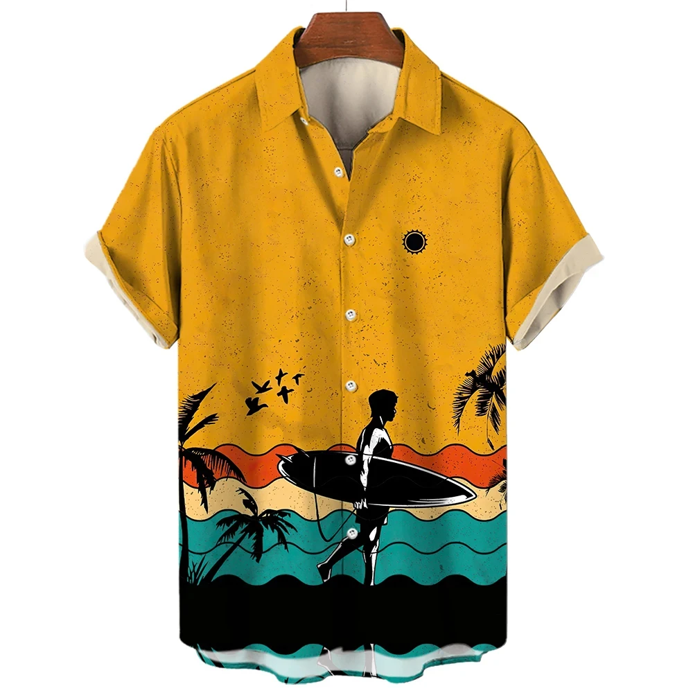 Camisa havaiana masculina e feminina de surf, moda casual, camisas de mangas curtas, tops de botão de lapela, roupas unissex extragrandes, impressão