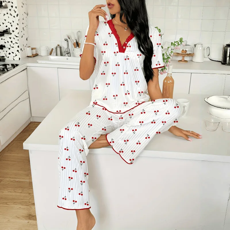High Quality Printing Couple Pajamas Suit Summer Short Sleeve Long Pant Home Cloth Women's Cotton Large Size Sleepwear Set Women