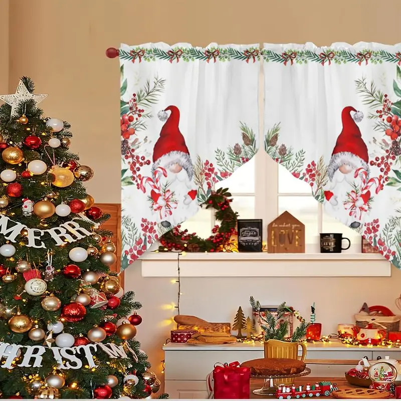 VIKAMA Christmas Swag Curtain Gnome Candy Cane Pine Branch Berry Print Triangle Valance For Kitchen Window Living Room Decor