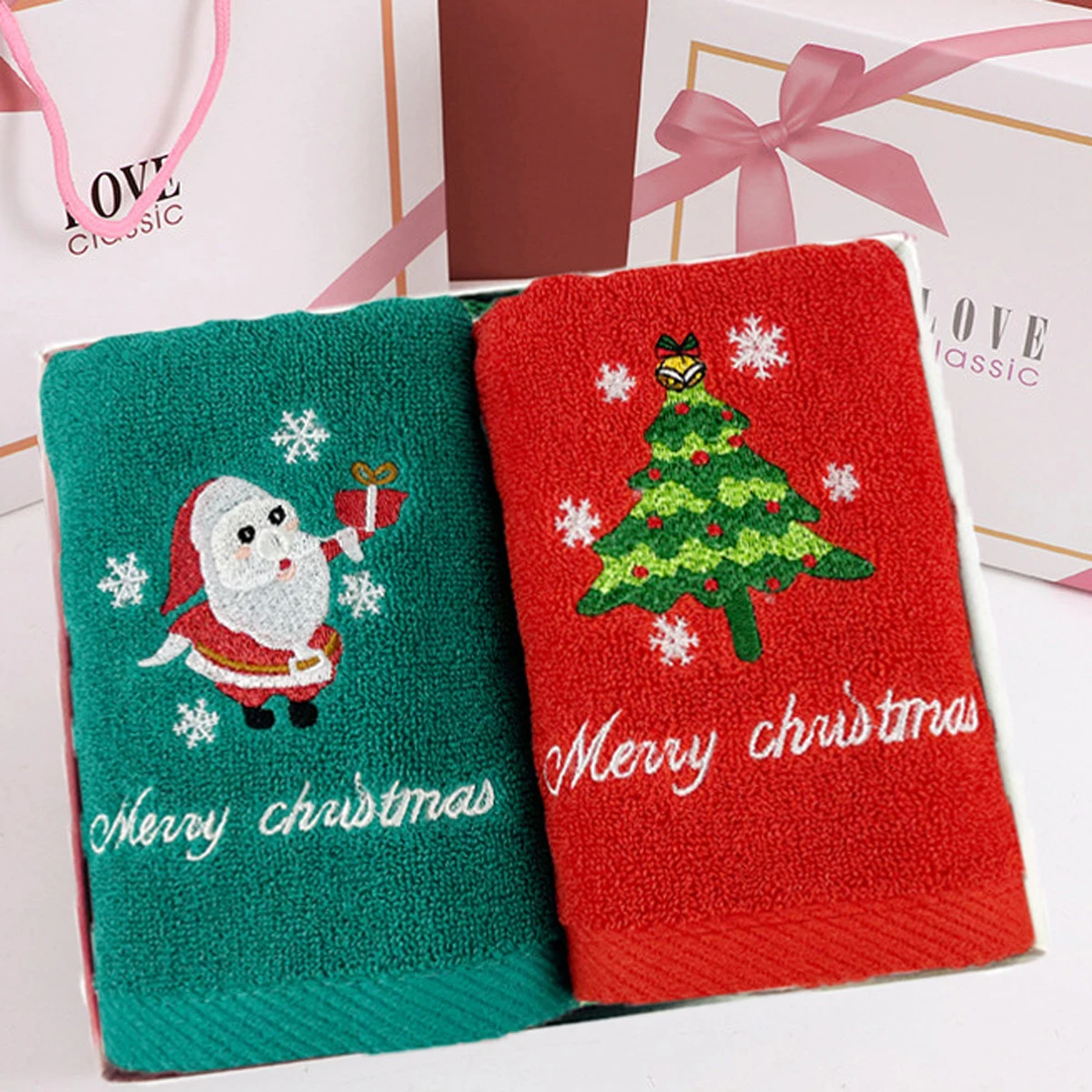 2 pezzi set di asciugamani da bagno corallo in pile assorbente in microfibra albero di Natale Babbo Natale ricamo viso bagno regali di Natale cotone 34 * 73 cm