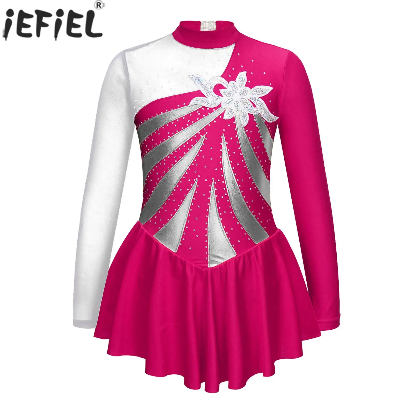 

Girls Figure Skating Dress Long Sleeve Shiny Rhinestone Sequin Leotard Tutu Ballet Gymnastics Lyrical Dance Performance Costume