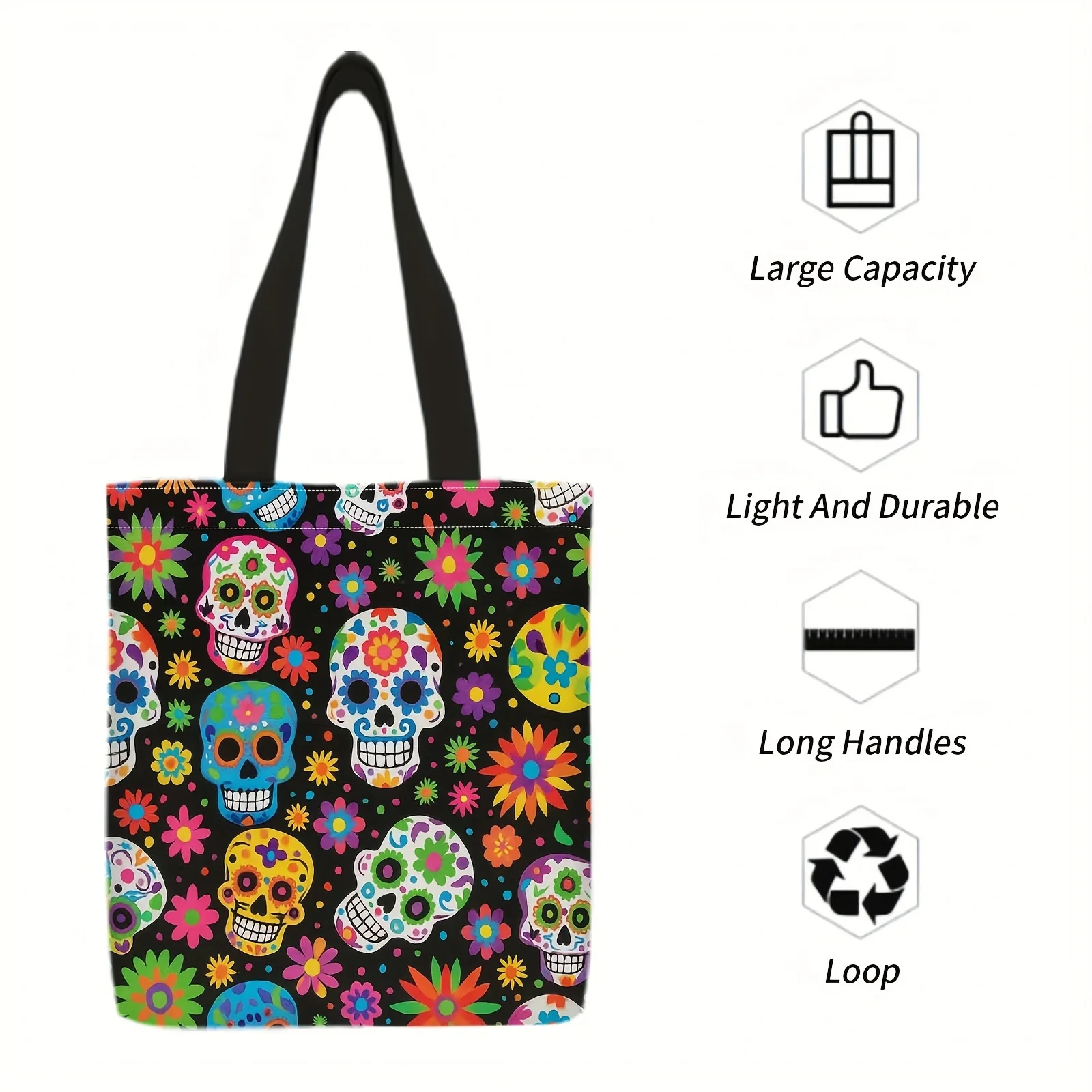 1pc Large Capacity Durable Tote Bag Sugar Skulls Colorful Flowers Design, Black Background Machine Washable Polyester