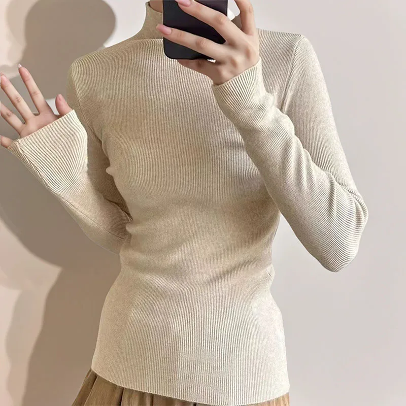 

Women's Half-High Collar Knitted Sweater Solid Color Casual Long Sleeve Basic Pullover All-Match Slim Elastic Bottoming Knitwear