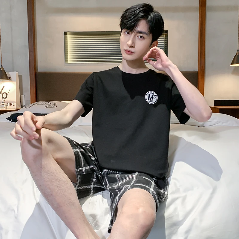 Men Summer Pajamas Set Short-Sleeved Cartoon Striped Homewear Shorts Casual Teenage Students Sleepwear Comfortable Home Clothes