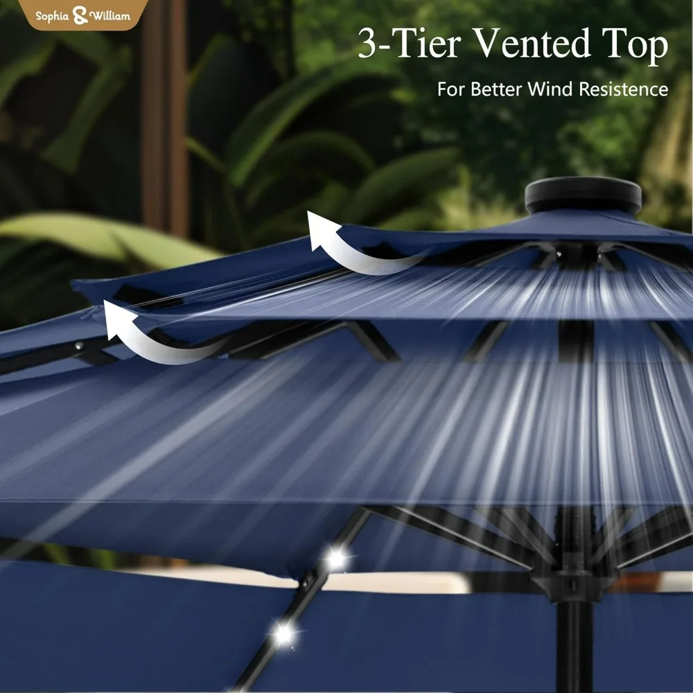 10ft Patio Umbrellas 3Tier Umbrella Outdoor Patio Umbrellas with Lights Vented Top 24 LED lights Adjustable Tilt for Pool Garden