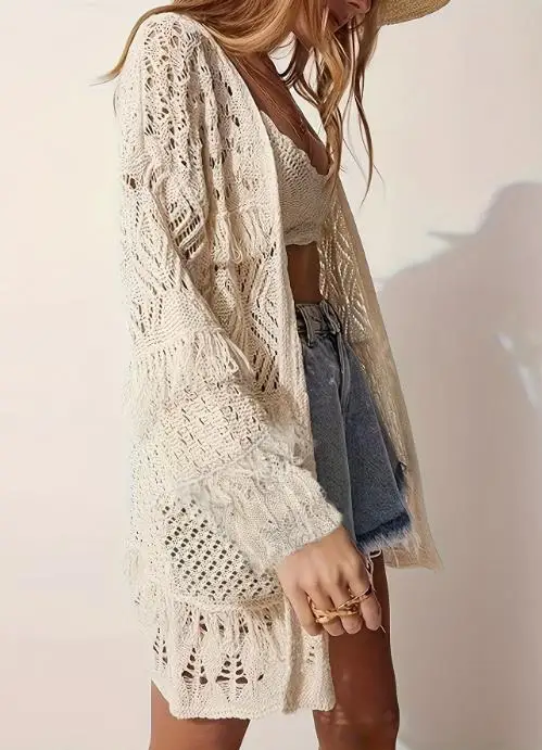 

2026 Elegant New Fashion Casual Women's Cardigan Long Sleeved Loose Knit Sweater Casual Versatile Hollow Design Jacket